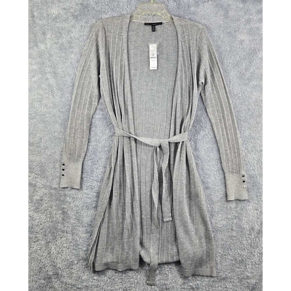 White House Black Market Belted Ribbed Duster Cardigan Gray Medium NWT 570307092